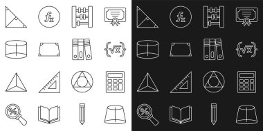 Set line Geometric figure, Calculator, Square root of x glyph, Abacus, Acute trapezoid shape, Cylinder, Angle bisector triangle and Office folders icon. Vector