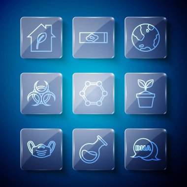 Set line Medical protective mask, Test tube and flask, DNA symbol, Earth globe, Molecule, Biohazard, Eco friendly house and Plant in pot icon. Vector