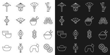 Set line Chinese Yuan currency, Rice bowl with chopstick, Sushi on cutting board, or japanese folding fan, paper lantern, Japanese umbrella from the sun and Asian noodles icon. Vector