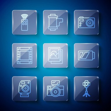 Set line Photo camera, with flash, Softbox light, frame, Camera roll cartridge, Remote control for and Battery icon. Vector