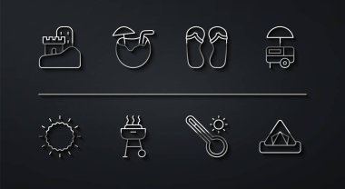 Set line Sand castle, Sun, Fast street food cart, Meteorology thermometer, Barbecue grill, Coconut cocktail, Tourist tent and Flip flops icon. Vector