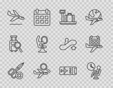 Set line No scissors, Human waiting in airport terminal, Scale with suitcase, Airplane search, Plane landing, seat, Airline ticket and Calendar airplane icon. Vector