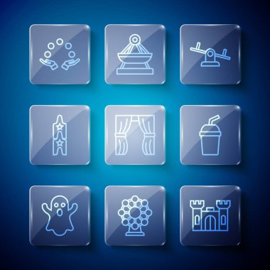 Set line Ghost, Ferris wheel, Castle, Seesaw, Circus curtain raises, ticket, Juggling ball and Paper glass with water icon. Vector