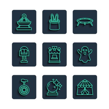 Set line Unicycle or one wheel bicycle, Magic ball, Circus tent, Jumping trampoline, Ticket box office, Attraction carousel, Boat swing and Ghost icon. Vector