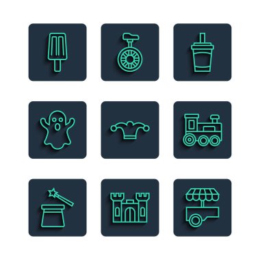 Set line Magic hat and wand, Castle, Fast street food cart, Paper glass with water, Jester bells, Ghost, Ice cream and Toy train icon. Vector
