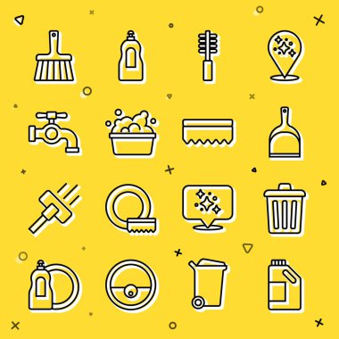 Set line Bottle for cleaning agent, Trash can, Dustpan, Toilet brush, Basin with soap suds, Water tap, Handle broom and Sponge icon. Vector