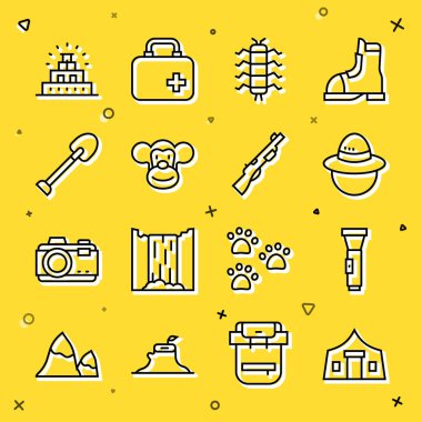 Set line Tourist tent, Flashlight, Camping hat, Centipede insect, Monkey, Shovel, Chichen Itza Mayan and Hunting gun icon. Vector