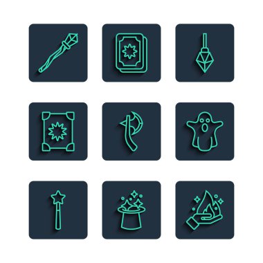 Set line Magic wand, hat, Hand holding fire, stone, Wooden axe, Ancient magic book, staff and Ghost icon. Vector