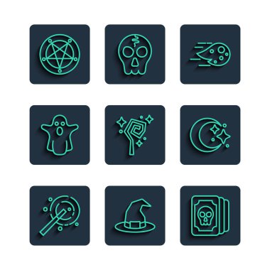 Set line Magic wand, Witch hat, Tarot cards, Fireball, staff, Ghost, Pentagram in circle and Moon stars icon. Vector