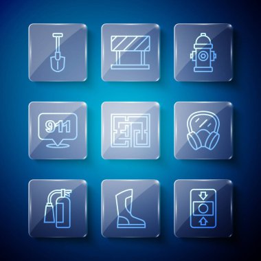 Set line Fire extinguisher, boots, alarm system, hydrant, Evacuation plan, Emergency call 911, shovel and Gas mask icon. Vector