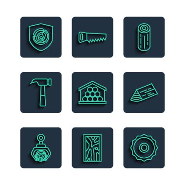 Set line Grapple crane grabbed a log, Closed door, Circular saw blade, Wooden logs, Hammer,  and beam icon. Vector