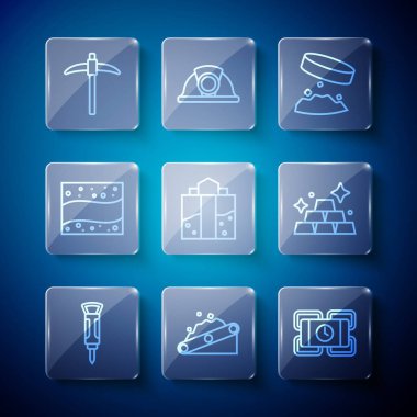 Set line Construction jackhammer, Conveyor belt carrying coal, Dynamite, Giant magnet holding iron dust, Mine entrance, Gold mine, Pickaxe and bars icon. Vector