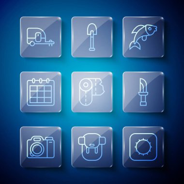 Set line Photo camera, Hiking backpack, Sun, Fish, Paper towel roll, Calendar, Rv Camping trailer and Knife icon. Vector