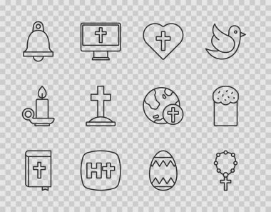 Set line Holy bible book, Rosary beads religion, Christian cross in heart, Church bell, Grave with, Easter egg and cake icon. Vector