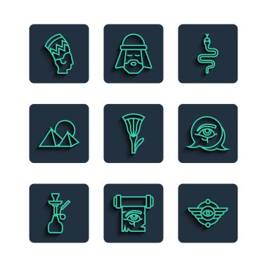Set line Hookah, Eye of Horus on papyrus scroll, Egyptian symbol Winged sun, Snake, lotus, pyramids, Nefertiti and  icon. Vector