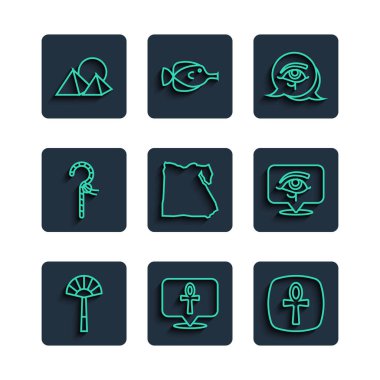 Set line Egyptian fan, Cross ankh, Eye of Horus, Map, Crook, pyramids and  icon. Vector