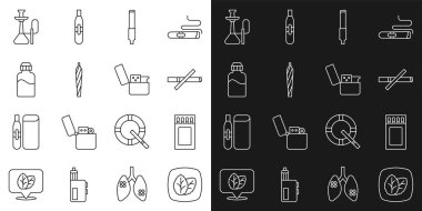 Set line Tobacco leaf, Matchbox and matches, No smoking, Cigarette, Marijuana joint, spliff, Vape liquid bottle, Hookah and Lighter icon. Vector