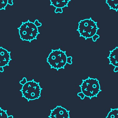 Yeşil çizgi Balık kirpi ikonu mavi arka planda izole edilmiş pürüzsüz desen. Vektör.