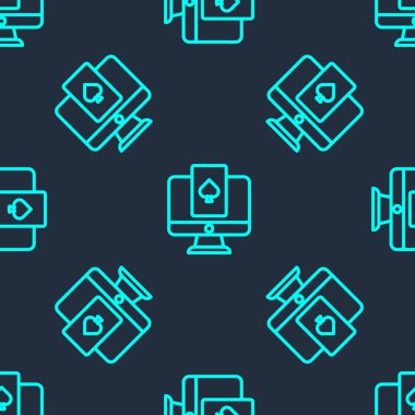 Green Line Online poker masası simgesi mavi arkaplanda izole edilmiş kusursuz desen. İnternetteki kumarhane. Vektör.