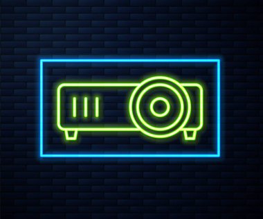 Parlak neon hattı sunumu, film, film, medya projektörü ikonu tuğla duvar arka planında izole edildi. Vektör