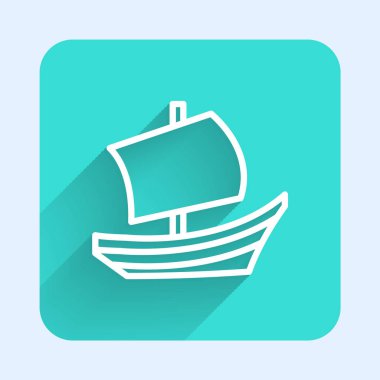 White line Egyptian ship icon isolated with long shadow background. Egyptian papyrus boat. Green square button. Vector