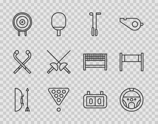 Set line Bow and arrow in quiver, Steering wheel, Golf club, Billiard balls rack triangle, Target sport, Fencing, Sport mechanical scoreboard and Volleyball net icon. Vector