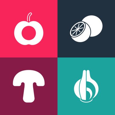 Set pop art Onion, Mushroom, Orange fruit and Peach icon. Vector