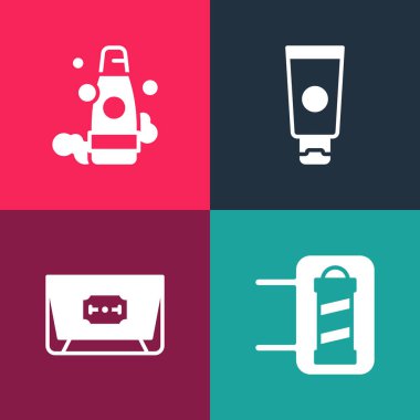 Set pop art Barber shop pole, Blade razor, Cream cosmetic tube and Bottle of shampoo icon. Vector