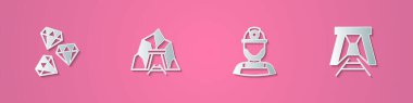 Set paper cut Gem stone, Mine entrance, Miner helmet and  icon. Paper art style. Vector