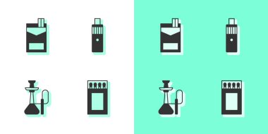 Set Matchbox and matches, Cigarettes pack, Hookah and Vape mod device icon. Vector
