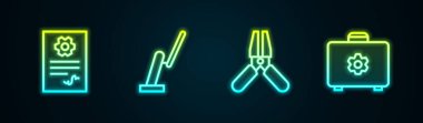 Set line Auto service check automotive, Windscreen wiper, Car battery jumper power cable and Toolbox. Glowing neon icon. Vector