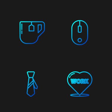Set line Heart with text work, Tie, Cup of tea tea bag and Computer mouse. Gradient color icons. Vector