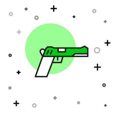 Beyaz arkaplanda izole edilmiş ana hatlı tabanca veya silah simgesi. Polis ya da askeri silah. Küçük ateşli silah. Vektör