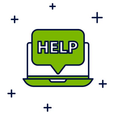 Filled outline Laptop and help icon isolated on white background. Adjusting, service, setting, maintenance, repair, fixing.  Vector