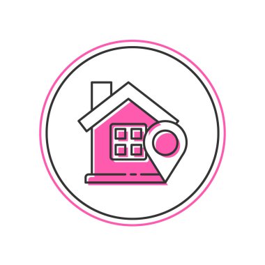 Beyaz arkaplanda izole edilmiş ev simgesiyle doldurulmuş harita göstergesi. Ev konumu belirleyici sembol. Vektör