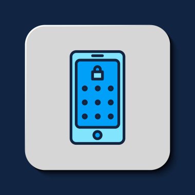 Filled outline Mobile phone and graphic password protection icon isolated on blue background. Security, personal access, user authorization.  Vector