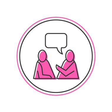 Oturan iki adamın beyaz arka planda izole edilmiş bir ikon konuşması. Konuşma balonu sohbeti. İleti simgesi. İletişim ya da yorum sohbet sembolü. Vektör