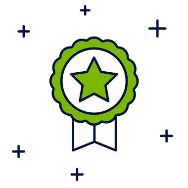 Beyaz arkaplanda izole edilmiş yıldız ikonu ile ana hatları doldurulmuş. Kazanan başarı işareti. Ödül madalyası. Vektör