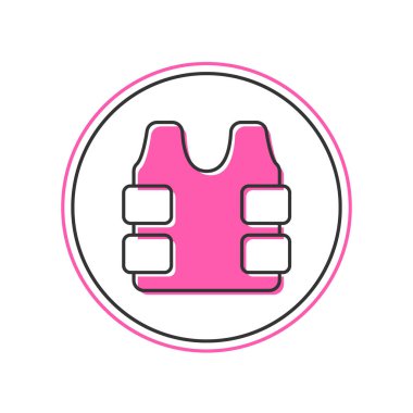 Beyaz arka planda izole edilmiş kurşun ikonundan korunmak için kurşun geçirmez yelek. Vücut zırhı işareti. Askeri kıyafetler. Vektör