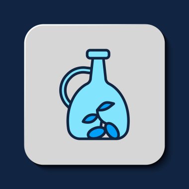 Mavi arka planda izole edilmiş zeytinyağı ikonu ana hatlarıyla doldurulmuş. Zeytinyağı ikonlu sürahi. Vektör