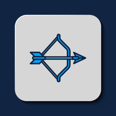 Mavi arka planda izole edilmiş orta çağ yay ve ok simgesi. Ortaçağ silahı. Vektör