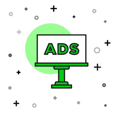 Doldurulmuş ana hat reklam simgesi beyaz arkaplanda izole edildi. Pazarlama ve tanıtım süreci kavramı. İlgili reklamlar. Sosyal medya reklamcılığı. Vektör