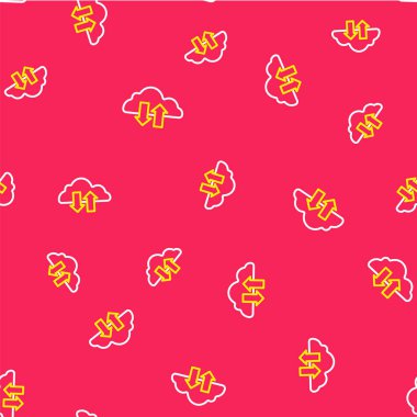 Line Cloud download and upload icon isolated seamless pattern on red background.  Vector