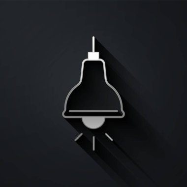 Silver Lamp hanging icon isolated on black background. Ceiling lamp light bulb. Long shadow style. Vector