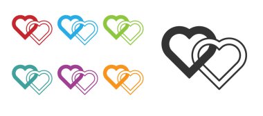 Black Two Linked Hearts icon isolated on white background. Romantic symbol linked, join, passion and wedding. Valentine day. Set icons colorful. Vector