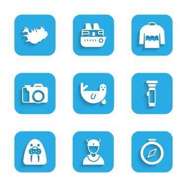 Set Fur seal animal, Viking head, Compass, Flashlight, Walrus, Photo camera, Sweater and Map of Iceland icon. Vector
