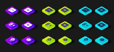 Set Light bulb with leaf, Solar energy panel, Electric extension, Voltmeter, Lamp in electronic circuit and Inductor icon. Vector