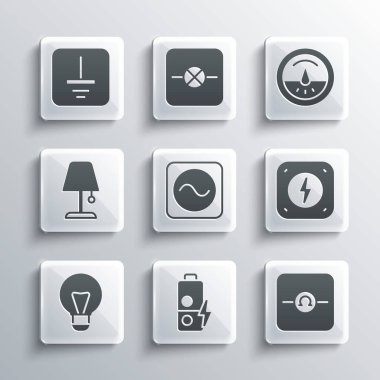 Set Battery charge, Ohmmeter, Lightning bolt, AC voltage source, Creative lamp light idea, Table, Electrical symbol ground and  icon. Vector