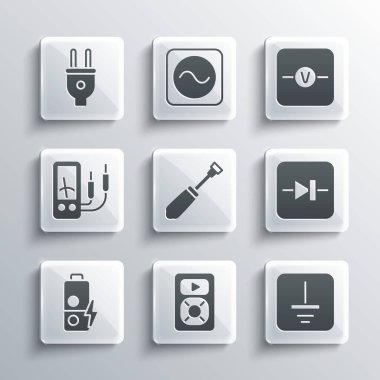 Set Music player, Electrical symbol ground, Diode in electronic circuit, Screwdriver, Battery charge, Ampere meter, multimeter, plug and Voltmeter icon. Vector