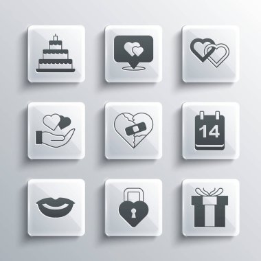 Set Castle in the shape of heart, Gift box, Calendar with February 14, Healed broken or divorce, Smiling lips, Heart hand, Wedding cake and Two Linked Hearts icon. Vector
